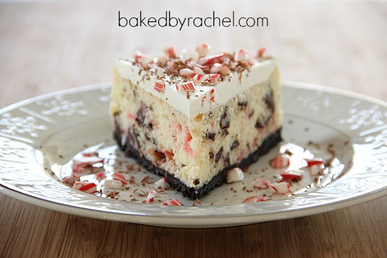 White Chocolate Peppermint Bark Cheesecake Recipe from bakedbyrachel.com