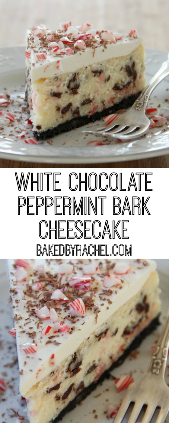 Homemade white chocolate peppermint bark cheesecake recipe from @bakedbyrachel A must make holiday dessert!