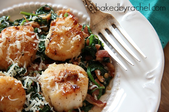 Pan Seared Scallops with Spinach and Bacon Recipe from bakedbyrachel.com