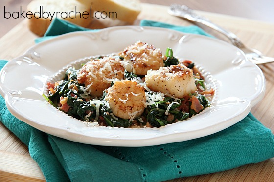 Pan Seared Scallops with Spinach and Bacon Recipe from bakedbyrachel.com