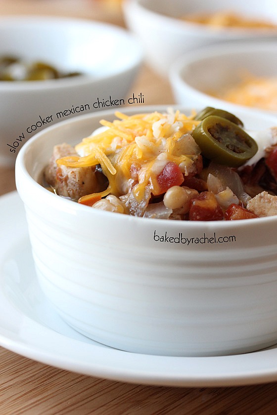 Slow Cooker Mexican Chicken Chili Recipe from bakedbyrachel.com
