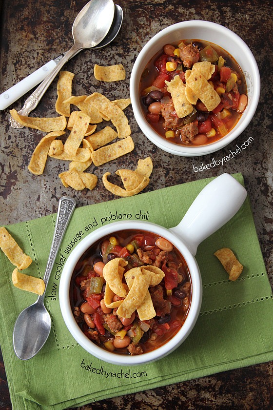 Slow Cooker Sausage and Poblano Chili Recipe from bakedbyrachel.com