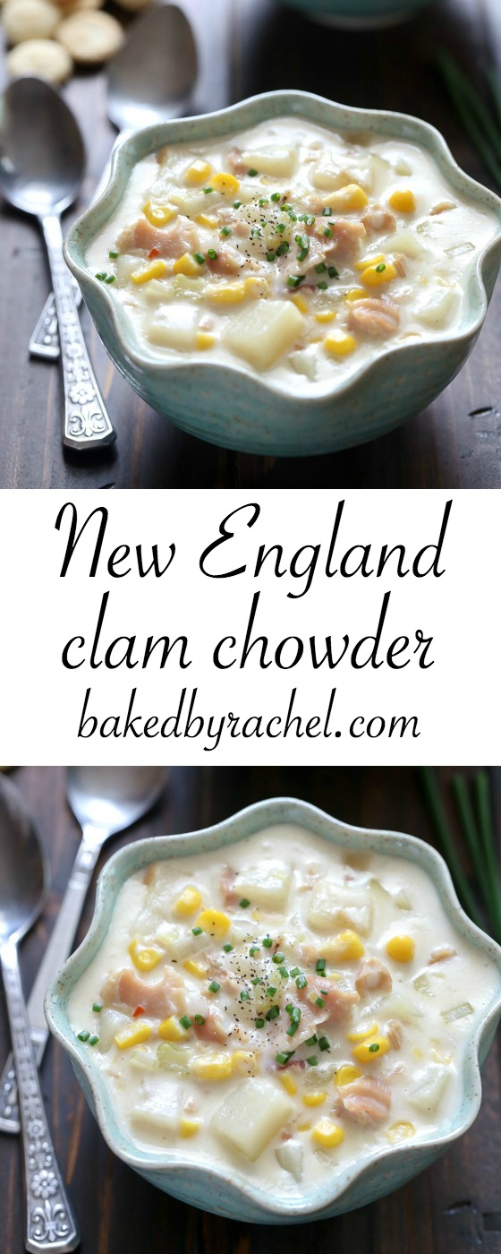 Hearty slow cooker New England clam and corn chowder recipe from @bakedbyrachel