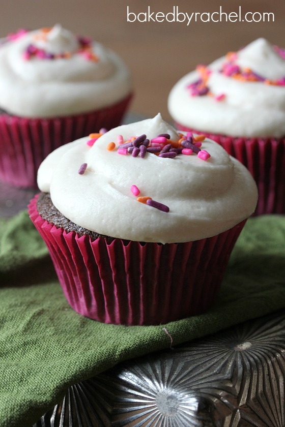 Devil's Food Cupcakes with Vanilla Buttercream Recipe from bakedbyrachel.com