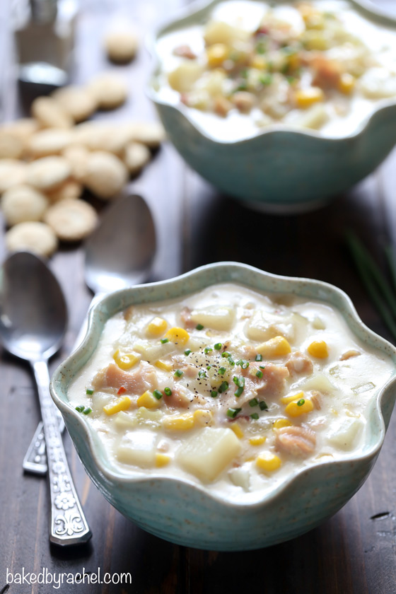 Hearty slow cooker New England clam and corn chowder recipe from @bakedbyrachel