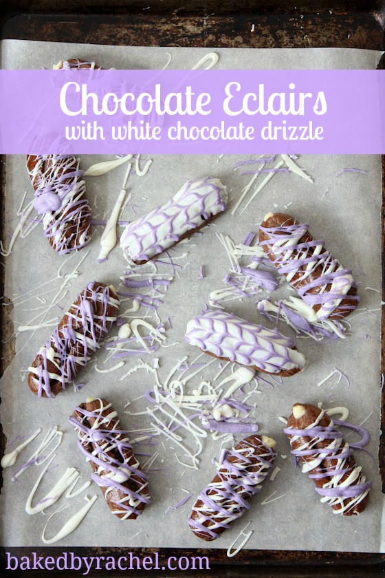 Chocolate Eclairs with White Chocolate Drizzle Recipe - bakedbyrachel.com