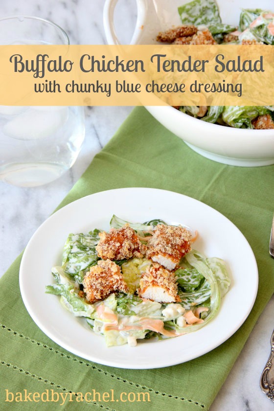 Buffalo Chicken Tender Salad with Blue Cheese Dressing Recipe from bakedbyrachel.com