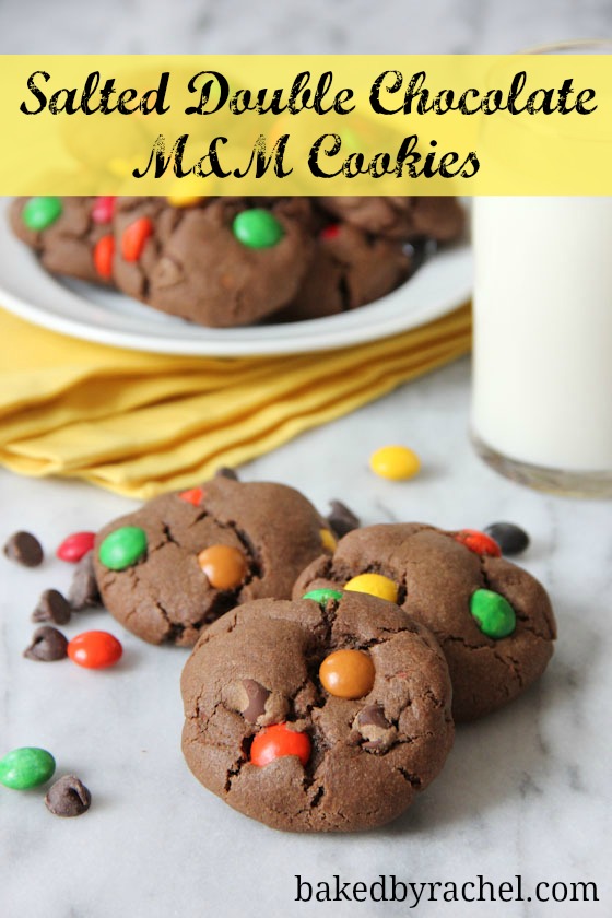 Salted Double Chocolate M&M Cookies Recipe from bakedbyrachel.com