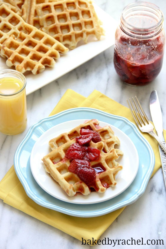 Crisp Buttermilk Waffles with Roasted Strawberries Recipe from @bakedbyrachel
