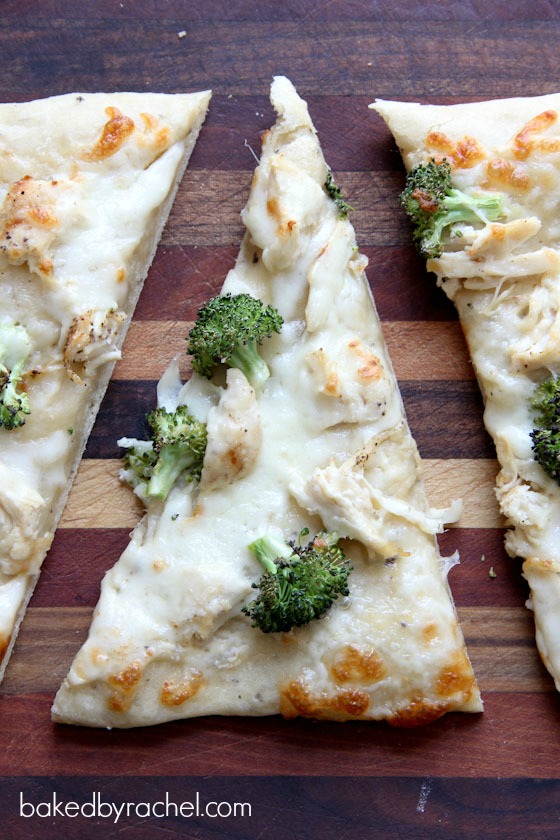 67 Recipes for Thanksgiving and the Day After: Broccoli and Chicken Alfredo Garlic Bread Pizza Recipe from bakedbyrachel.com
