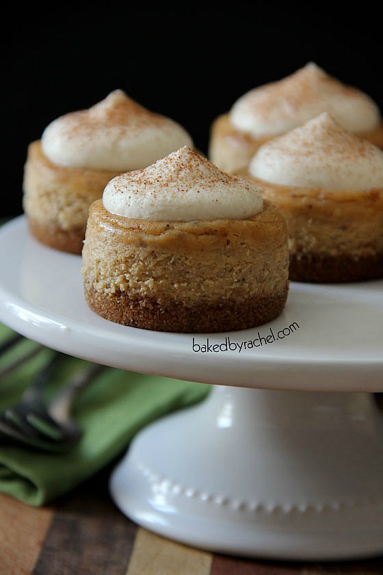 67 Recipes for Thanksgiving and the Day After: Maple Pumpkin Mini Cheesecakes with Brown Sugar Maple Whipped Cream Recipe from bakedbyrachel.com