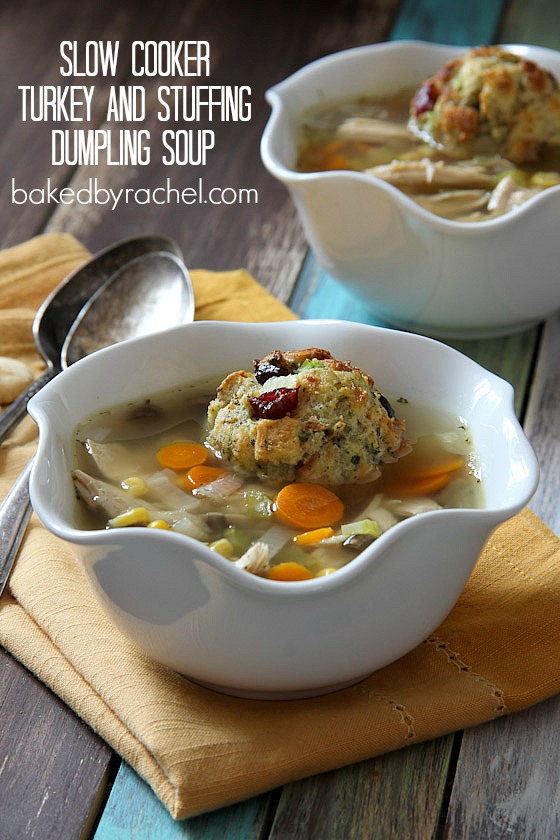 Slow Cooker Turkey and Stuffing Dumpling Soup Recipe from bakedbyrachel.com A fun and tasty way to use up leftover Thanksgiving turkey.