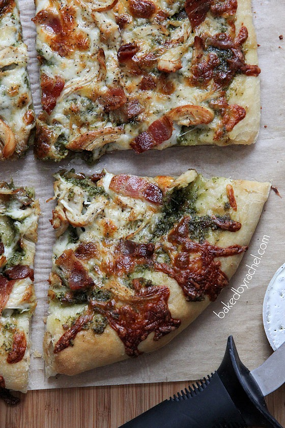 Bacon-Basil Pesto and Chicken Pizza Recipe from bakedbyrachel.com Perfect for pizza night!