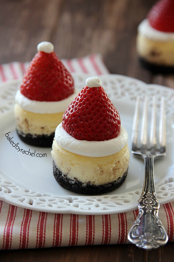 Mini Santa Hat Cheesecake Recipe from bakedbyrachel.com An adorable addition to your holiday party!