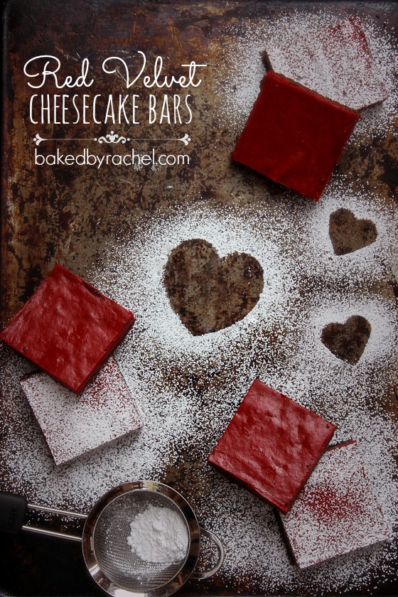 Red Velvet Cheesecake Bars Recipe from bakedbyrachel.com