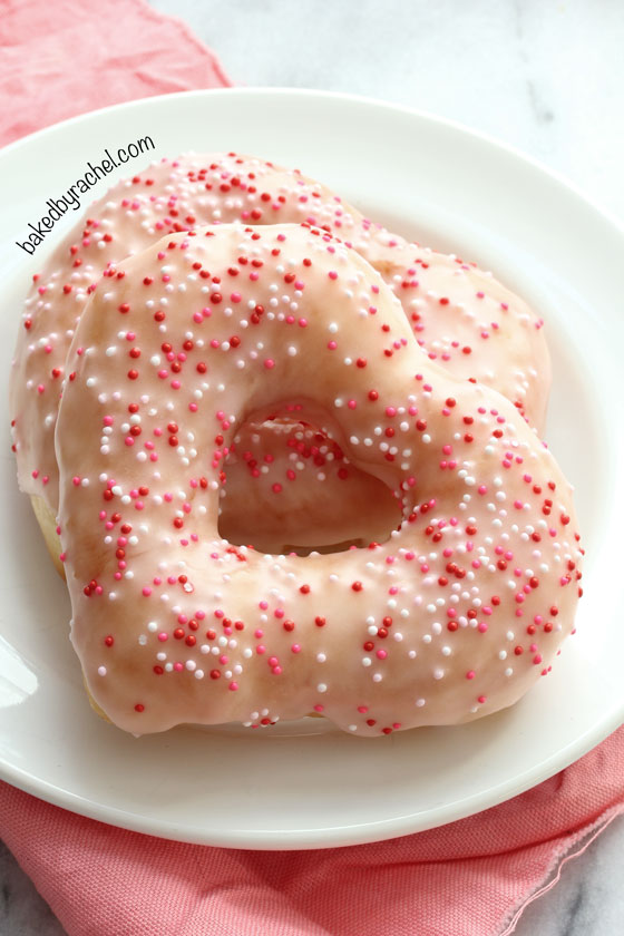 Strawberry Glazed Heart Shaped Donuts for Valentine's Day from bakedbyrachel.com