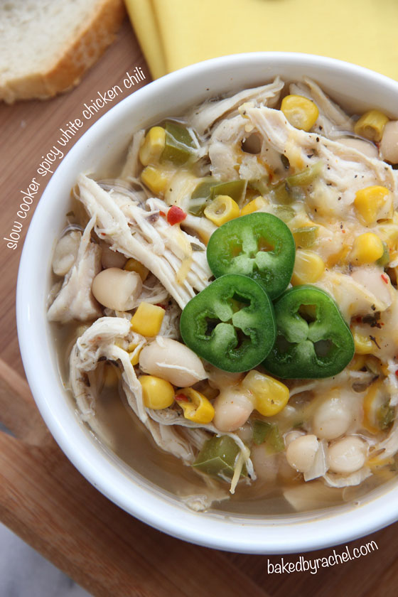 Slow Cooker Spicy White Chicken Chili Recipe from bakedbyrachel.com
