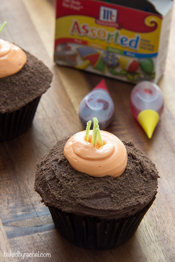 Moist chocolate carrot patch cupcakes! A fun and festive Spring treat! | bakedbyrachel.com