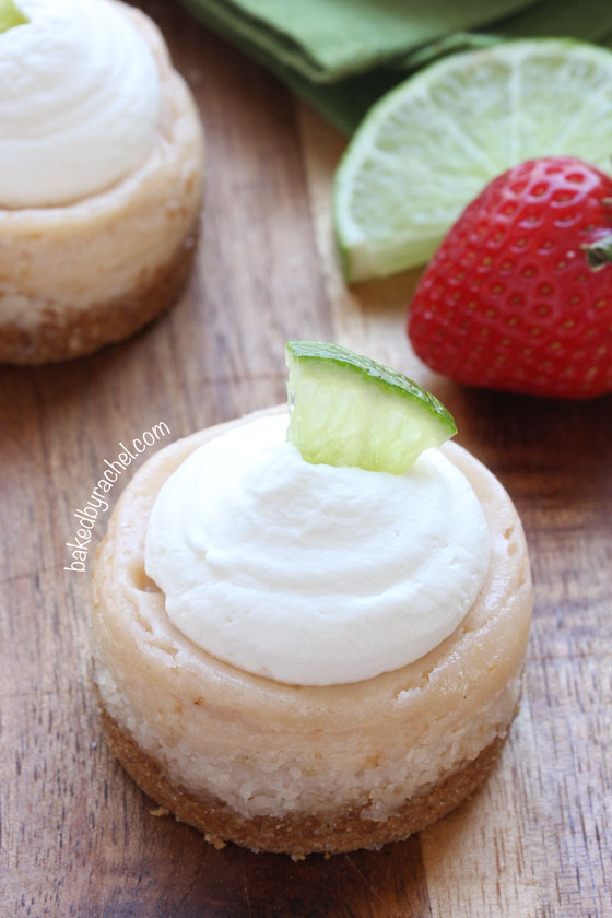 Mini strawberry margarita cheesecakes, perfect for Cinco de Mayo or any celebration! Recipe by @bakedbyrachel