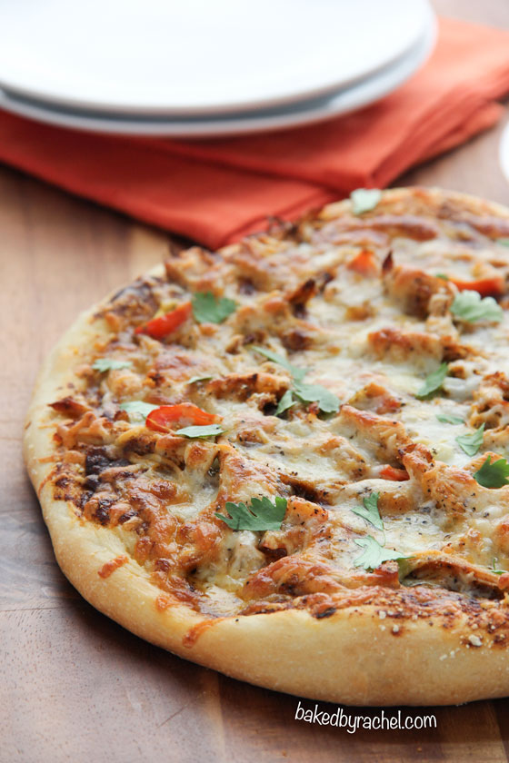 Homemade chicken enchilada pizza! Recipe from @bakedbyrachel