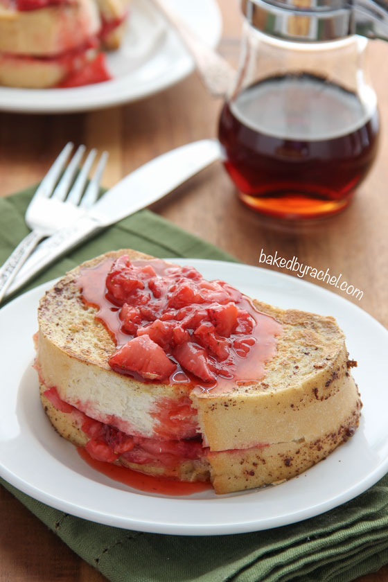 Thick sliced strawberry stuffed French toast. A must make for breakfast or brunch! Recipe from @bakedbyrachel