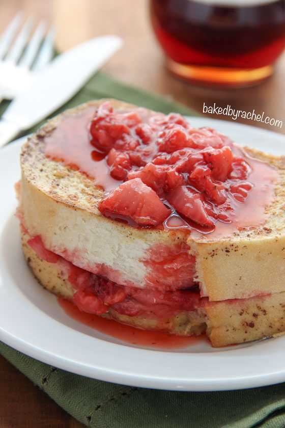 Thick sliced strawberry stuffed French toast. A must make for breakfast or brunch! Recipe from @bakedbyrachel