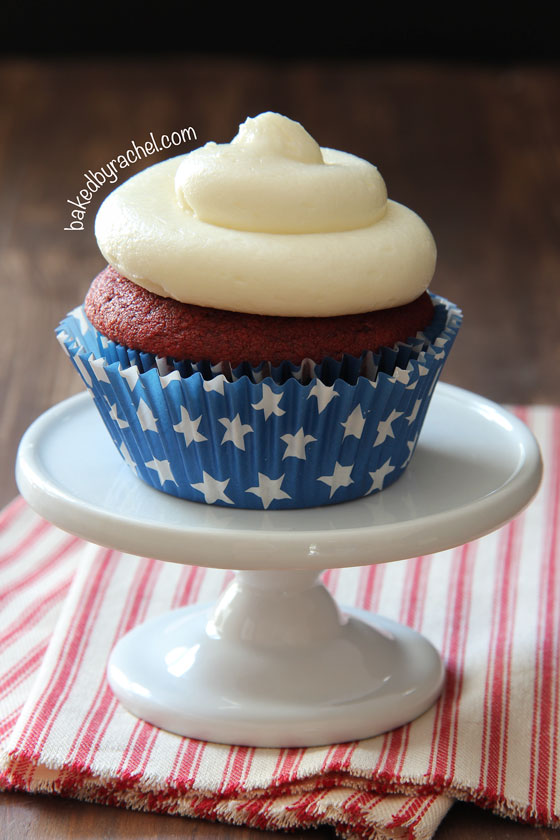 Moist and airy red velvet cupcakes with cream cheese frosting! A small batch recipe from @bakedbyrachel