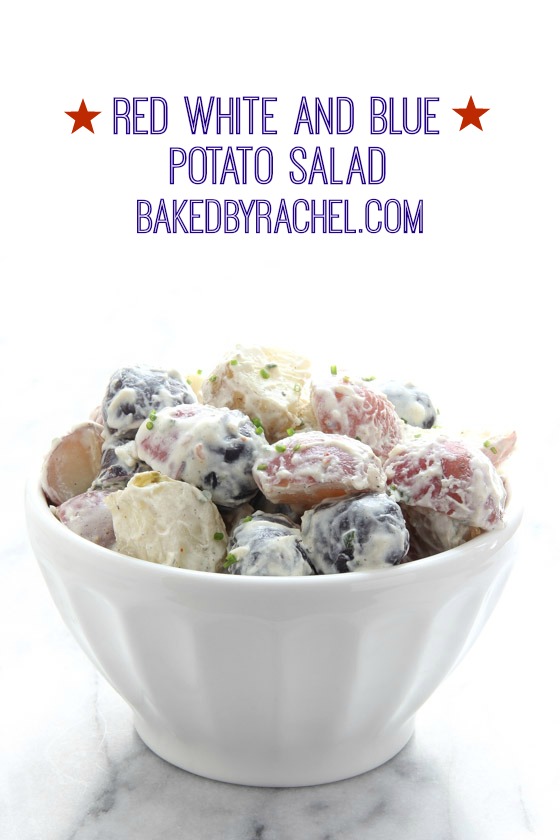 Red white and blue potato salad with a creamy mustard dressing. Recipe from @bakedbyrachel The perfect patriotic side dish! 