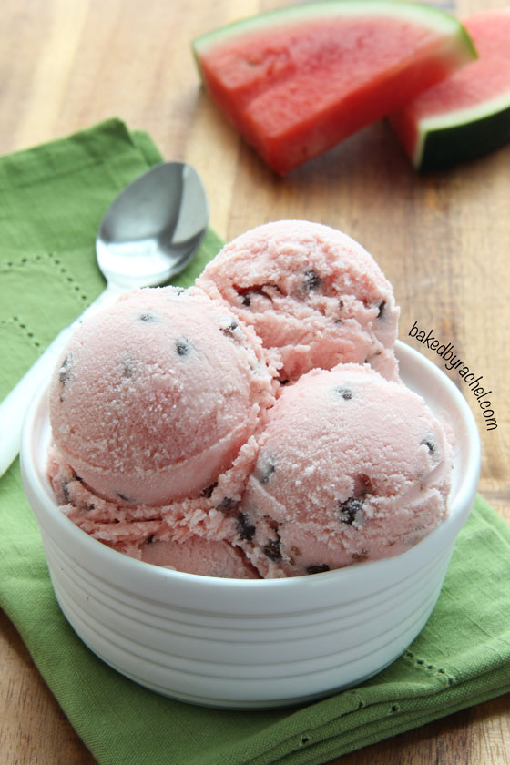 Refreshing homemade watermelon sherbet recipe from @bakedbyrachel. A fun frozen treat for hot Summer days!