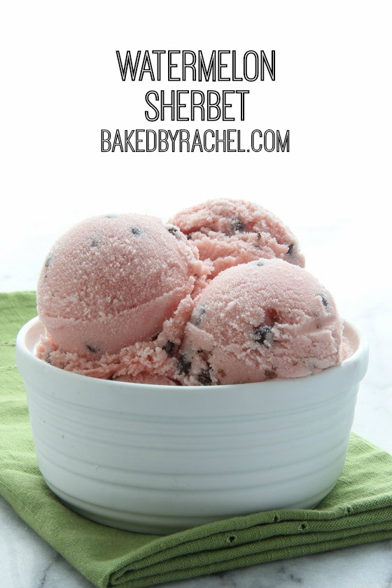 Refreshing homemade watermelon sherbet recipe from @bakedbyrachel. A fun frozen treat for hot Summer days!