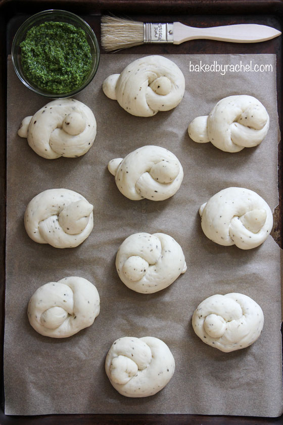Homemade pesto knots recipe from @bakedbyrachel
