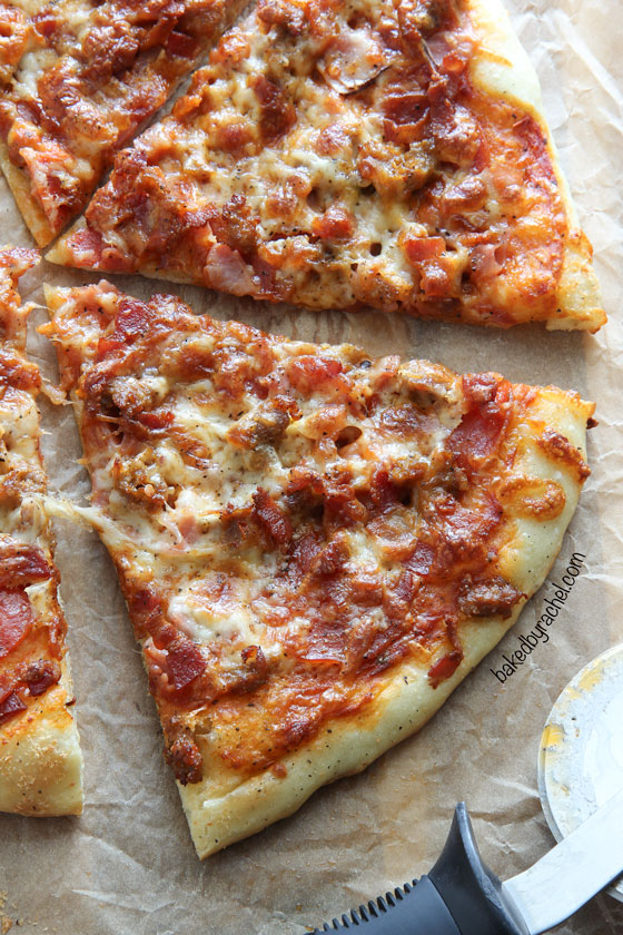 Homemade thin crust meat lover's pizza recipe from @bakedbyrachel