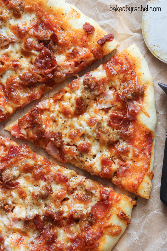 Homemade thin crust meat lover's pizza recipe from @bakedbyrachel