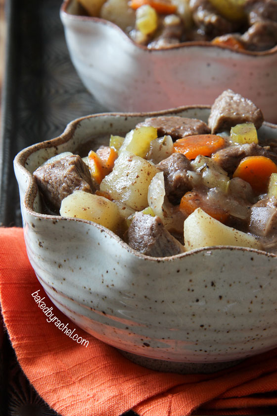 Slow cooker apple cider beef stew recipe from @bakedbyrachel A seasonal twist on a classic dish!