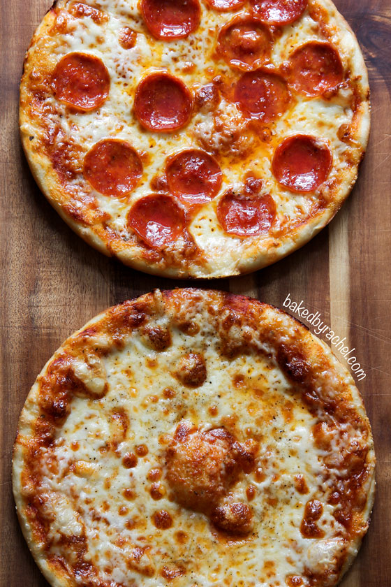 Three cheese pan pizza recipe from @bakedbyrachel