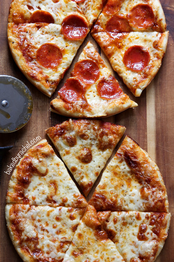 Three cheese pan pizza recipe from @bakedbyrachel