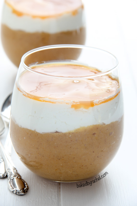 Homemade pumpkin pie pudding with whipped cream and caramel sauce recipe from @bakedbyrachel
