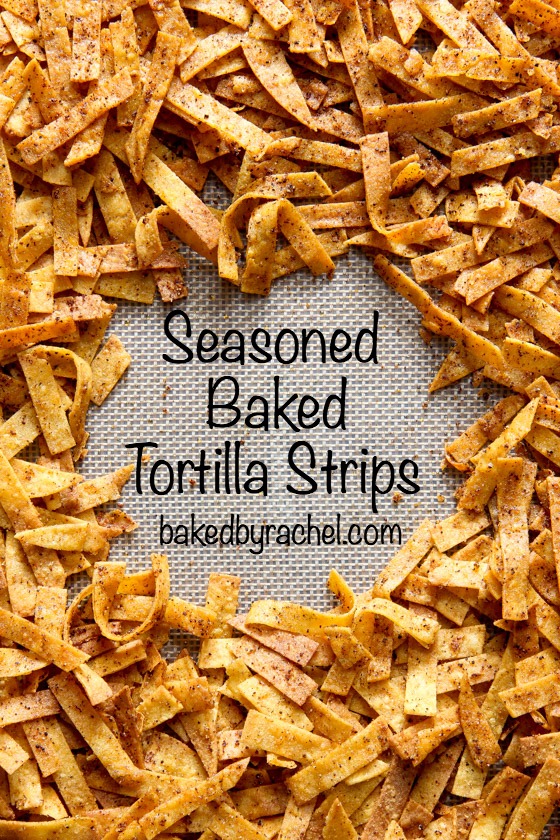 Crunchy homemade seasoned and baked tortilla strips recipe from @bakedbyrachel A perfect topping for salads, soup and more!
