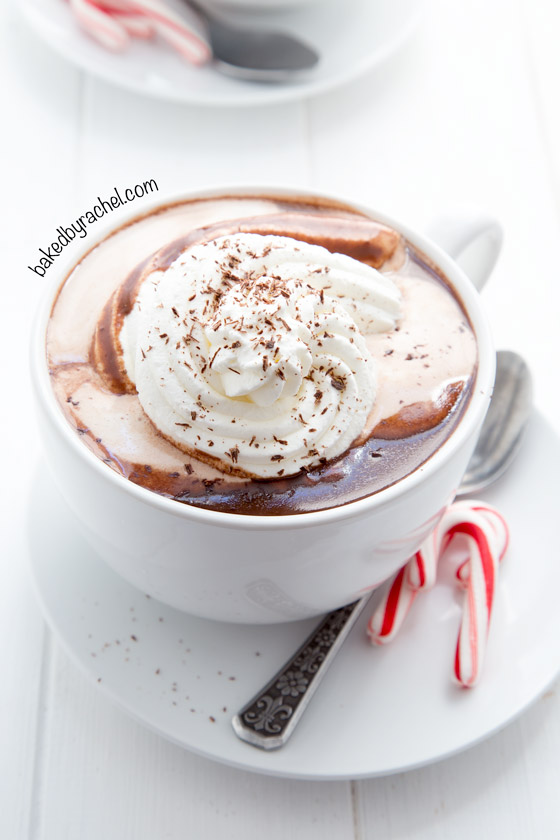 Homemade peppermint hot chocolate with peppermint whipped cream. Recipe from @bakedbyrachel The perfect drink for winter!