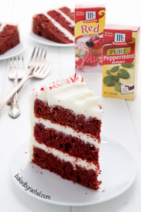 Red velvet layer cake with peppermint cream cheese frosting recipe from @bakedbyrachel 