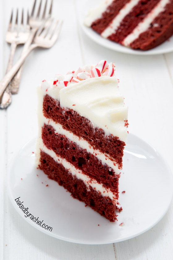 Red velvet layer cake with peppermint cream cheese frosting recipe from @bakedbyrachel 