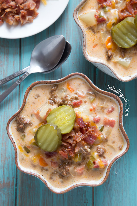 Slow cooker bacon cheeseburger soup recipe from @bakedbyrachel This easy and flavorful soup tastes just like your favorite bacon cheeseburger!