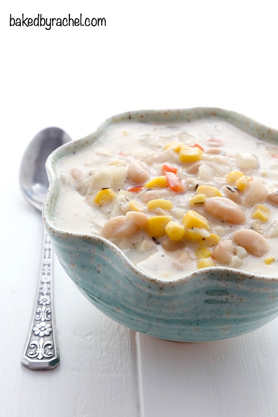 Slow cooker corn and white bean chowder recipe from @bakedbyrachel