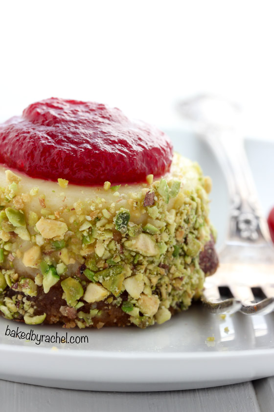 Mini cranberry pistachio cheesecake recipe from @bakedbyrachel A festive two bite holiday dessert!