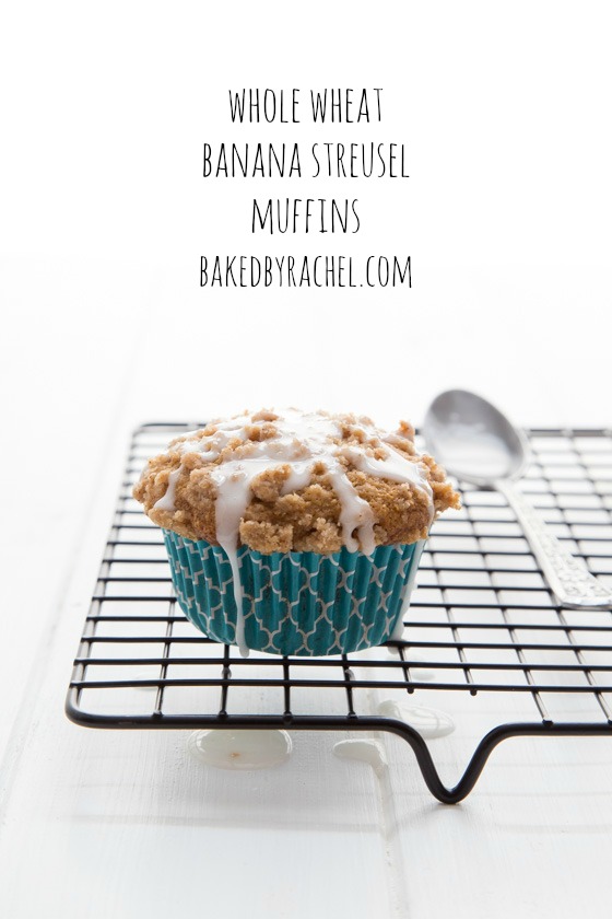 Moist whole wheat banana muffins with a crunchy streusel topping and sweet vanilla glaze. Recipe from @bakedbyrachel
