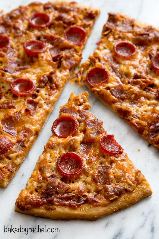 Whole wheat spicy barbecue chicken enchilada pizza with bacon and pepperoni recipe from @bakedbyrachel