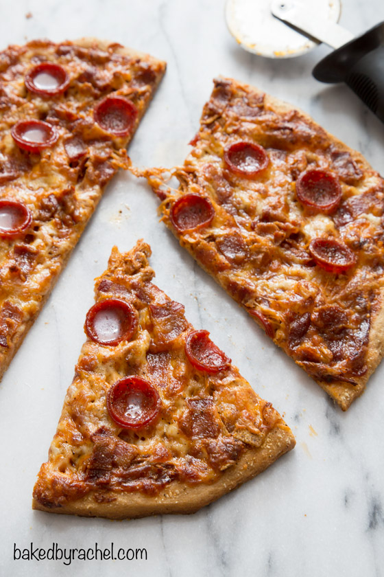 Whole wheat spicy barbecue chicken enchilada pizza with bacon and pepperoni recipe from @bakedbyrachel