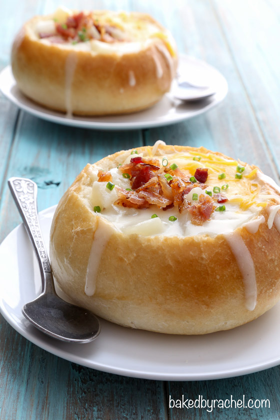 Easy homemade Italian bread bowls with loaded potato soup! Recipes from @bakedbyrachel