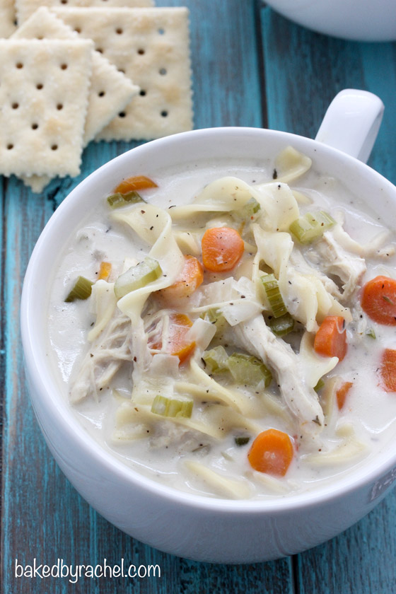 Slow cooker creamy chicken noodle soup recipe from @bakedbyrachel
