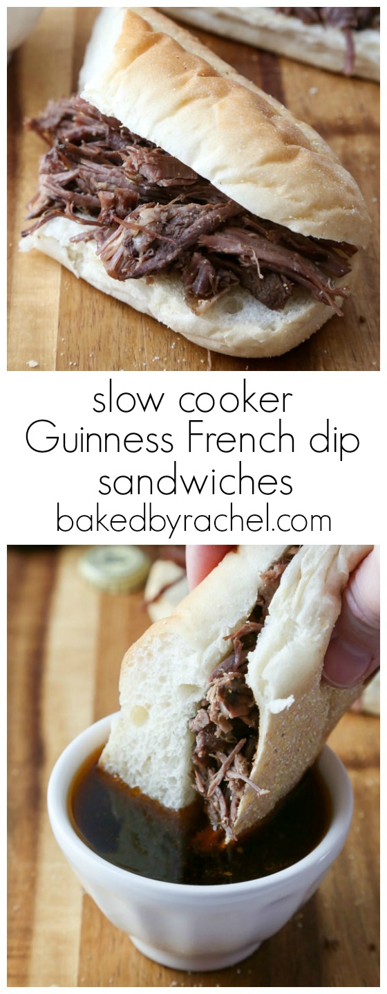 Slow cooker Guinness shredded beef French dip sandwich recipe from @bakedbyrachel
